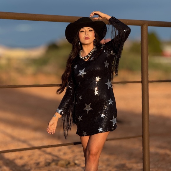 Rock & Roll Denim Dresses & Skirts - RRD Sequin Star Black Mini Dress with Fringe Sleeves